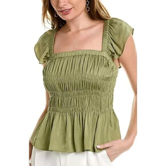 NWT $175 TED BAKER LONDON ALOVIA SMOCKED TOP LACE UP BACK MID-GREEN TOP SZ 2/US6 - Picture 2 of 12